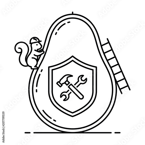 Handyman squirrel with shield and tools line art vector illustration