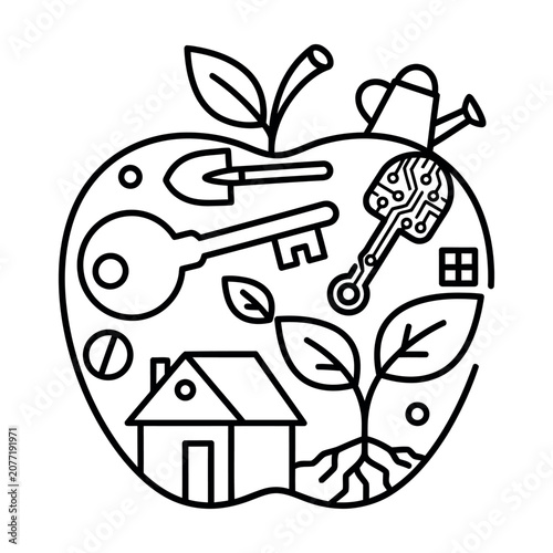 Apple shape containing home gardening tools and digital technology keys