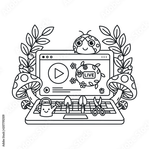Laptop computer with gardening tools and live streaming nature content