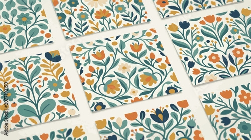 Array of square tiles showcasing a stylized floral pattern in teal orange and yellow