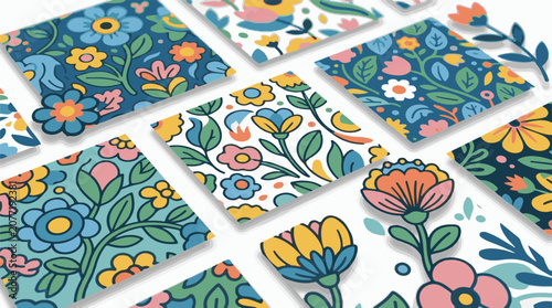 Array of square tiles with colorful folk art floral patterns