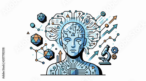 Artificial intelligence brain with circuits geometric shapes and microscope