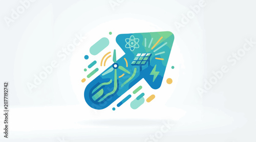 Arrow with renewable energy symbols wind turbine solar panel atom lightning