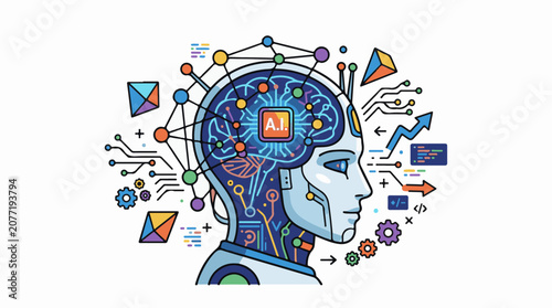Artistic AI head with circuits and abstract shapes