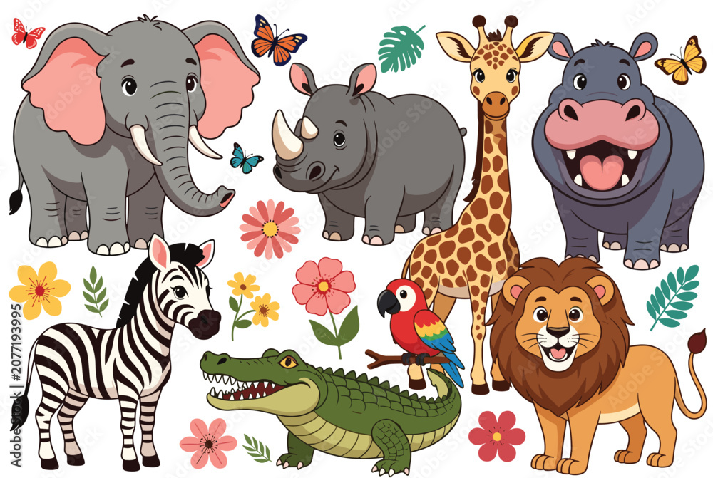 Obraz premium Variety of cute cartoon wild animals including an elephant, lion, giraffe, hippo, rhino, zebra, and crocodile among colorful flowers.