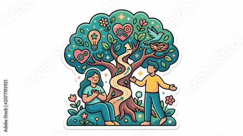 Artistic depiction of a nurturing tree of life with two people and nature elements