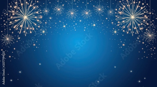 Fireworks bloom across the upper frame of a deep blue background to provide a festive border for holiday greetings, event posters, and celebratory announcements with a clean central area.