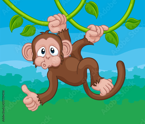 Photography A monkey cartoon character singing on jungle vines and giving a thumbs up