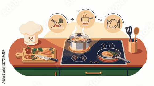 Animated cooking process stages chopping boiling and serving
