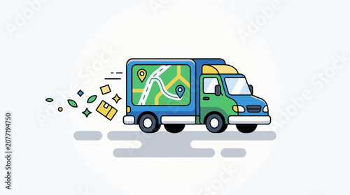 Animated delivery truck displays map with pins and scattering packages