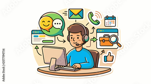 Animated depiction of a person wearing a headset at a computer symbolizing communication and work