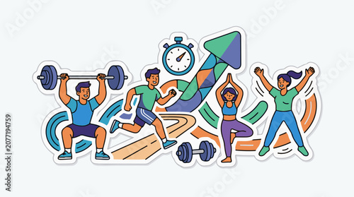 Animated figures engage in diverse fitness activities with abstract growth symbols