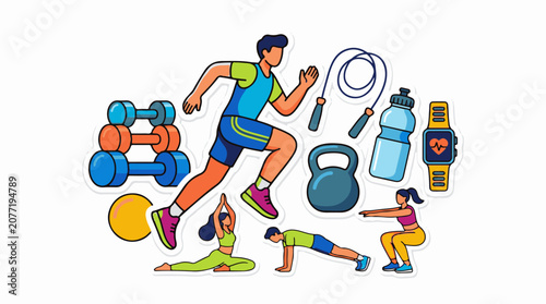 Animated figures engage in various fitness activities with equipment