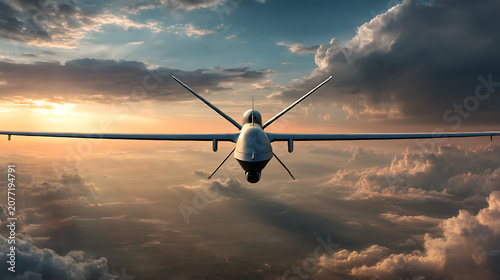 Unmanned Aerial Vehicle (UAV) Flying in a Dramatic Sky at Sunset