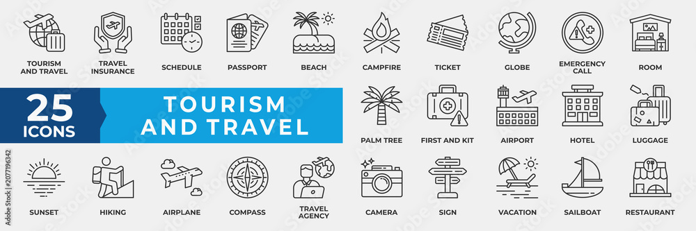 Fototapeta premium Tourism and Travel icon set. Containing tourism, travel, holiday, schedule, passport, beach, campfire, ticket, globe, emergency call, airport, hotel and calendar. Simple Line Vector Illustration.