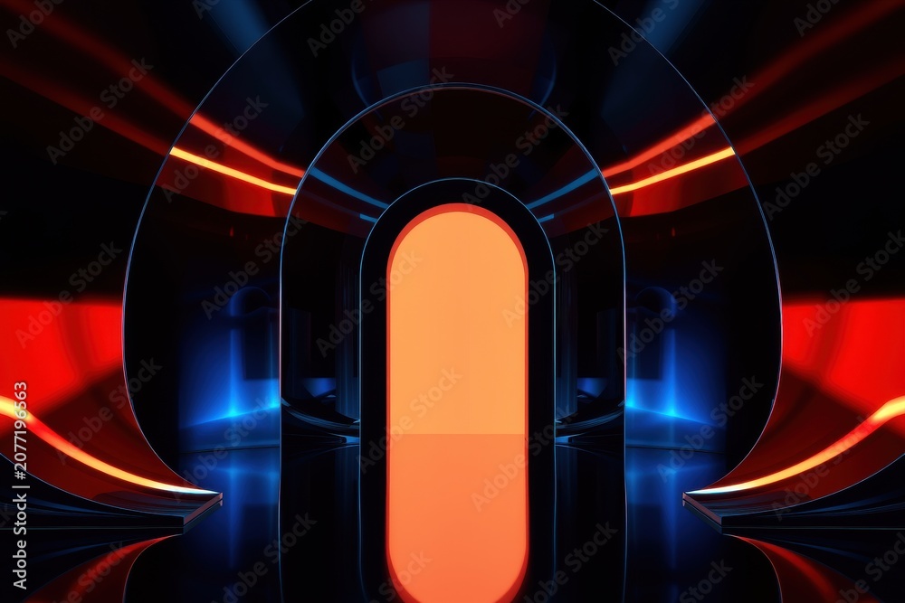 Fototapeta premium Futuristic corridor design. Dramatic lighting creates intense visual impact. Red, blue hues dominate sleek architecture. Reflective surfaces enhance depth.