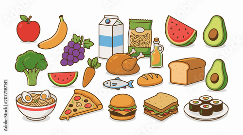 Assorted fresh foods including fruits vegetables breads and prepared meals