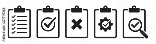 Tableau sur toile Clipboard icons set with checklist check mark cross gear and magnifying glass symbol for business app