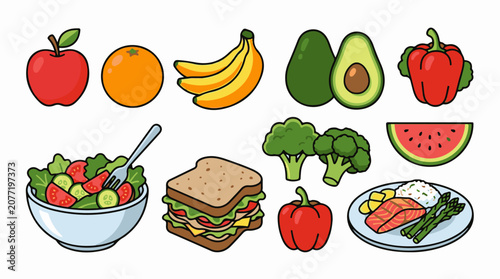 Assorted fresh fruits vegetables sandwich and a healthy meal