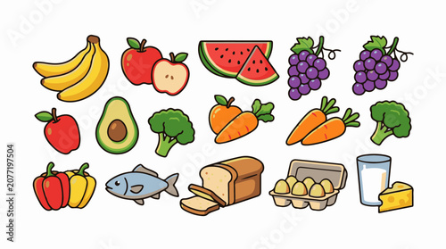 Assorted fruits vegetables bread eggs fish milk and cheese