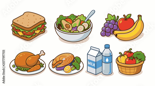 Assorted healthy food and drink items including a sandwich salad and fruit