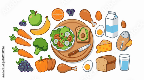 Assorted healthy foods and drinks artfully arranged on a white background