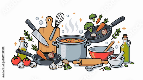 Assorted ingredients and cooking tools arranged in a vibrant kitchen scene