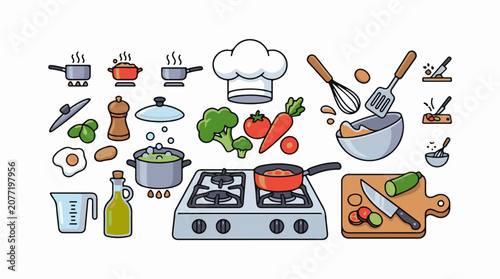 Assorted kitchen cooking utensils and ingredients arranged on a white background