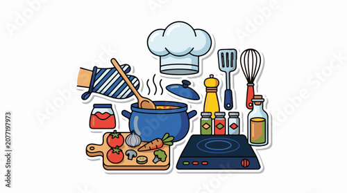 Assorted kitchen tools and ingredients for cooking a meal