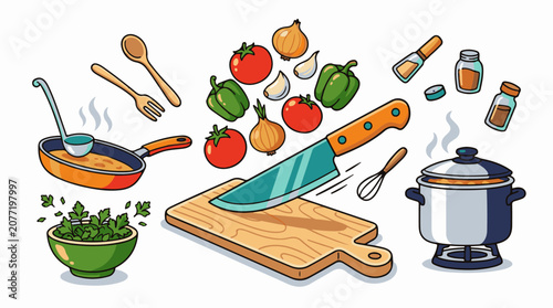 Assorted kitchen utensils vegetables and cooking pot are shown