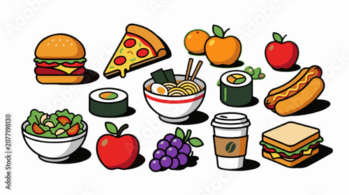 Assorted popular fast food and snack items arranged on a white background