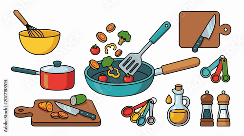 Assorted kitchen utensils and ingredients for cooking and baking