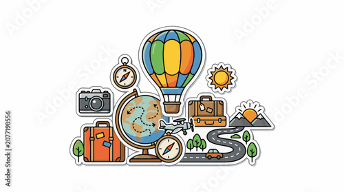 Assorted travel icons hot air balloon globe suitcases plane car sun mountains