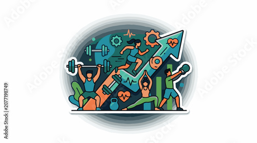 Ascending arrow graph shows people exercising with weights