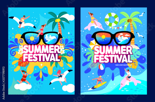 Colorful Tropical Summer Festival Poster with Ocean Fun Illustration
