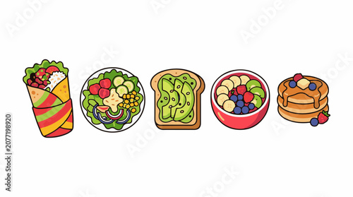Assorted breakfast and lunch foods including a burrito salad avocado toast fruit bowl and pancakes