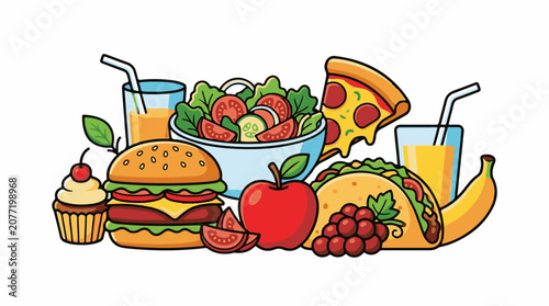 Assorted cartoon fast food and fruits with drinks