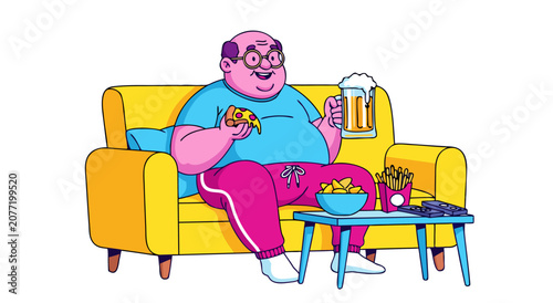 Overweight Man Enjoying Fast Food and Beer on Sofa Vector Illustration Design for Lifestyle and Relaxation Concepts 20