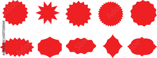 Modern Red Starburst Badge Collection with Circle Sticker Labels, Wavy Edge Sale Tags, Price Burst Icons, Promotional Discount Shapes Isolated on White Background Vector Set