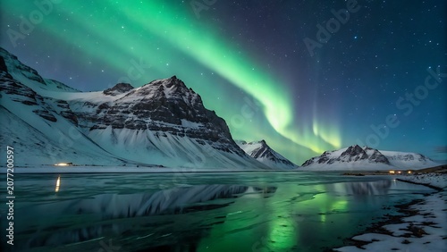Northern lights dancing over snowy mountain cove with aurora reflection in water