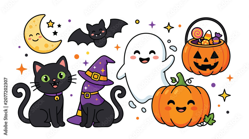 Fototapeta premium Cute Halloween characters with moon and stars during a festive celebration vector illustration