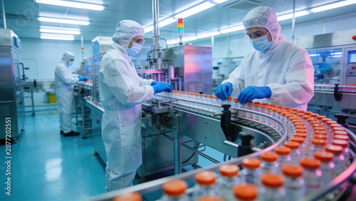 Scientists monitoring a pharmaceutical production line in a sterile cleanroom  representing biotechnology  quality control  vaccine manufacturing  and modern pharmaceutical production.