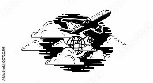 Airplane Flying Over Global Clouds.
