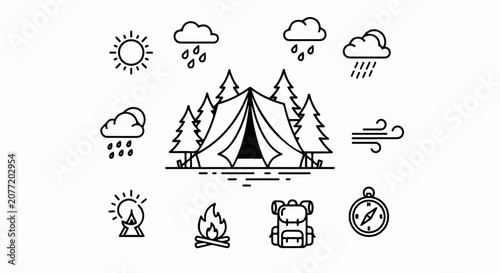 Camping Tent Weather Icons Illustration.