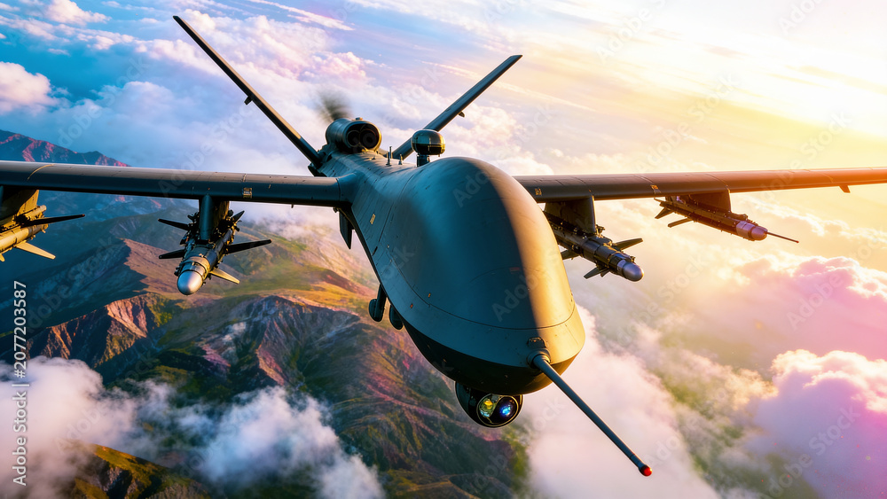 Fototapeta premium Military combat drones flying in formation over mountainous terrain, representing unmanned aerial warfare, defense technology, surveillance, and modern military operations.