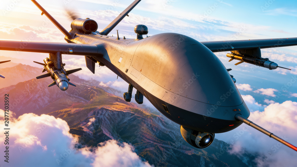Fototapeta premium Military combat drones flying in formation over mountainous terrain, representing unmanned aerial warfare, defense technology, surveillance, and modern military operations.