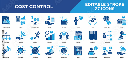 Cost control solid icons set withcost analysis, cost, variable cost, budget, expense, capital, roi, fixed cost concepts. Editable stroke vector collection.