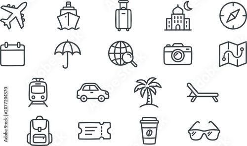 Quadro su tela Travel and Tourism Line Icons Collection with Transportation Navigation Vacation