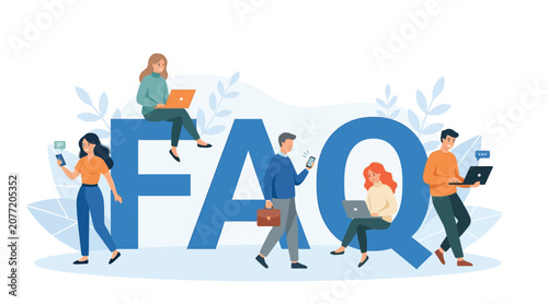 Diverse group of professional people using digital devices around a large blue faq text vector illustration