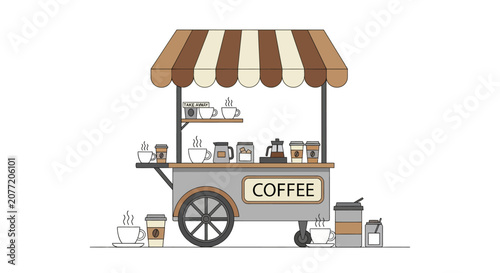 Illustrated coffee cart with various beverages and supplies on white background